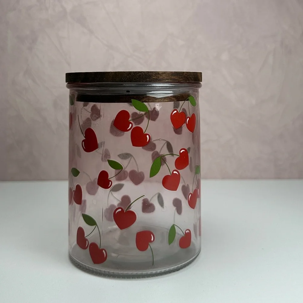 CWC Cook with Color Cherry Pattern Glass Jar with Dark Lid